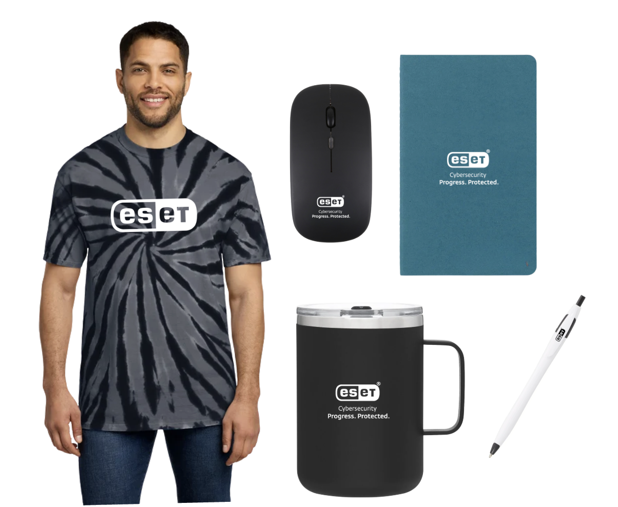 ESET branded swag: tie-dye tee, wireless mouse, notebook, insulated mug and pen